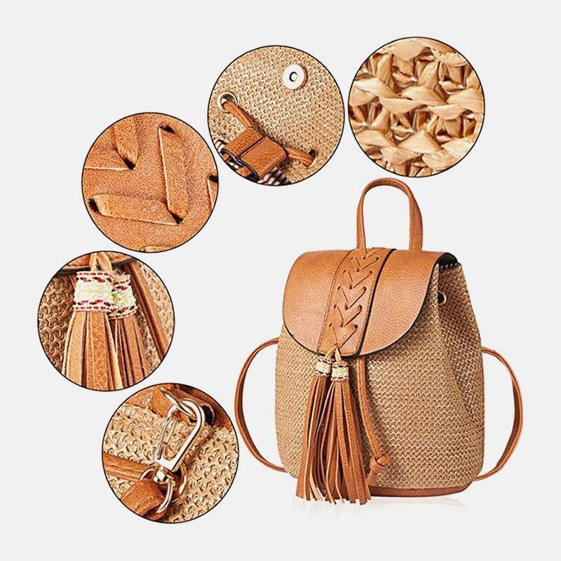 Kvinder Tassel Straw Bag Retro Beach Bag Rygsæk Bucket Bag