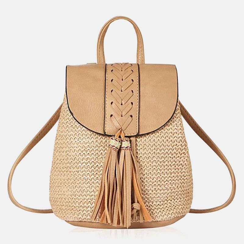 Kvinder Tassel Straw Bag Retro Beach Bag Rygsæk Bucket Bag