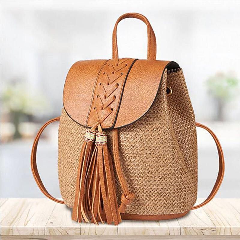 Kvinder Tassel Straw Bag Retro Beach Bag Rygsæk Bucket Bag