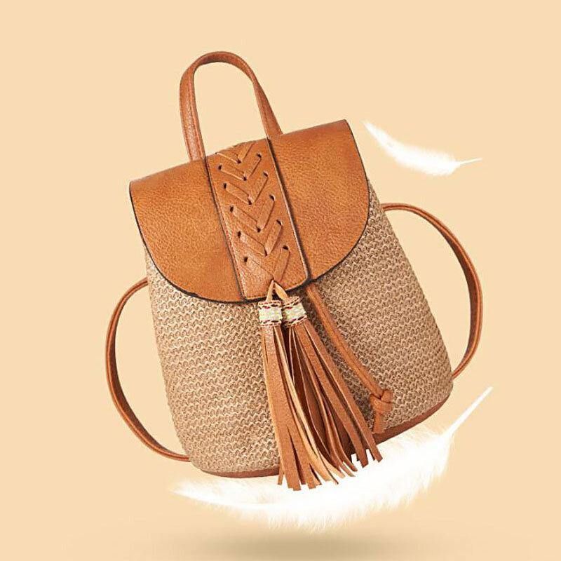 Kvinder Tassel Straw Bag Retro Beach Bag Rygsæk Bucket Bag