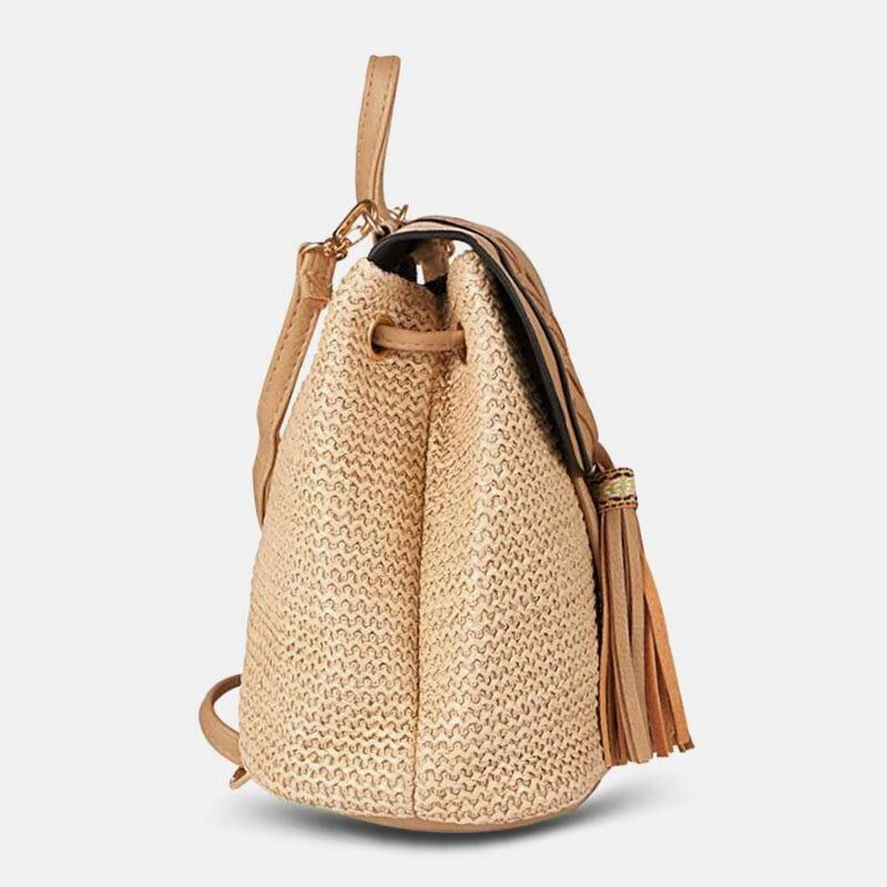 Kvinder Tassel Straw Bag Retro Beach Bag Rygsæk Bucket Bag