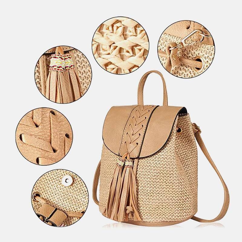 Kvinder Tassel Straw Bag Retro Beach Bag Rygsæk Bucket Bag