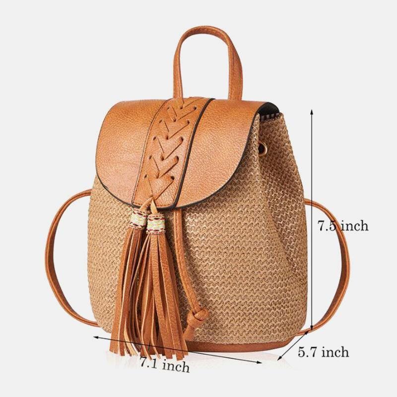 Kvinder Tassel Straw Bag Retro Beach Bag Rygsæk Bucket Bag