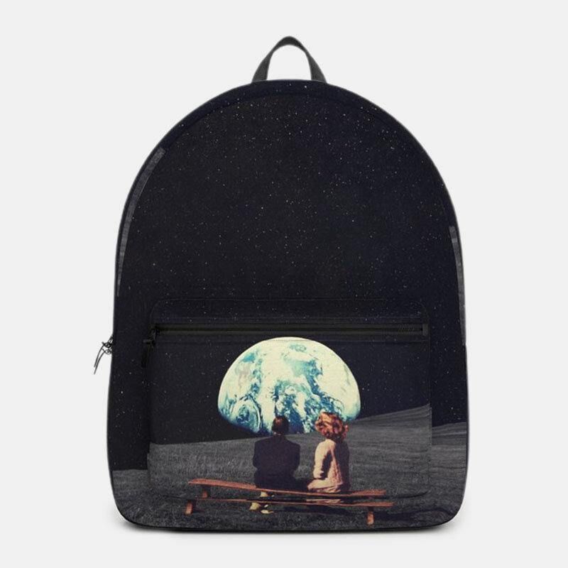 Unisex Oxford Environmental Protection Space Planets Earth And Moon Print Skoletaske Rygsæk