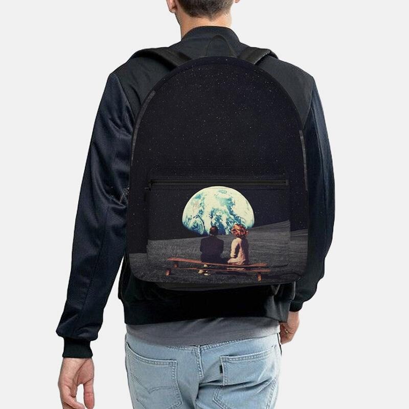 Unisex Oxford Environmental Protection Space Planets Earth And Moon Print Skoletaske Rygsæk