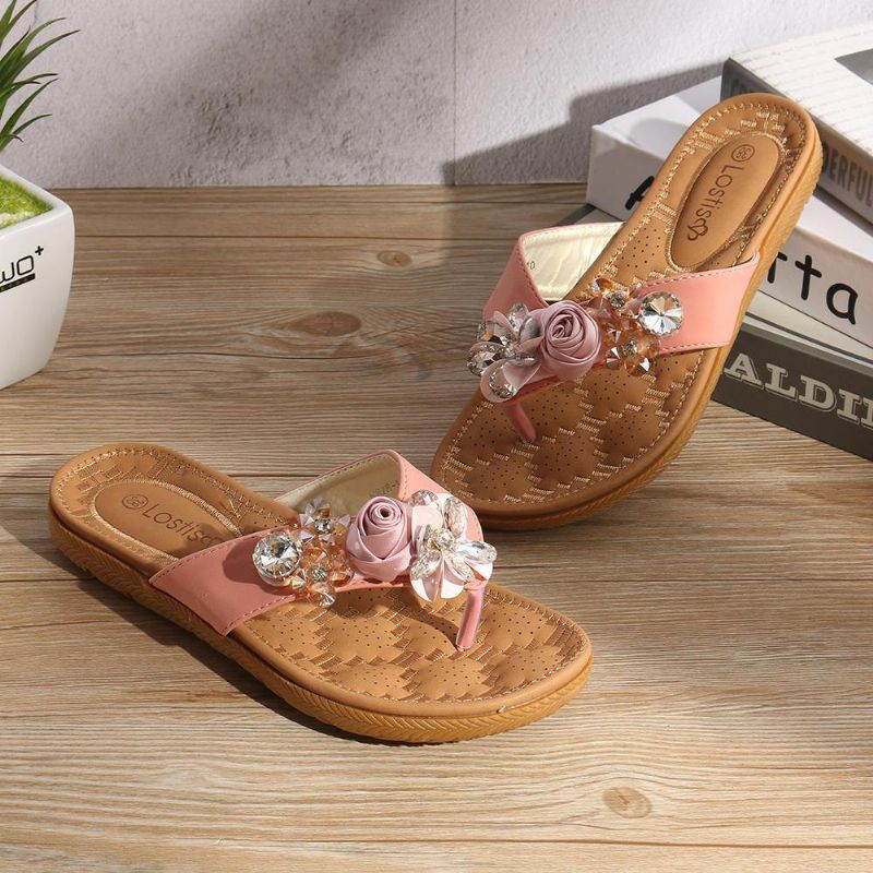 Kvinder Strandblomster Rhinestone Clip Toe Hjemmesko