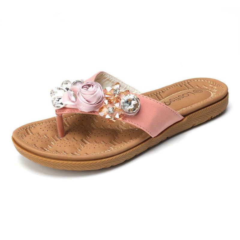 Kvinder Strandblomster Rhinestone Clip Toe Hjemmesko