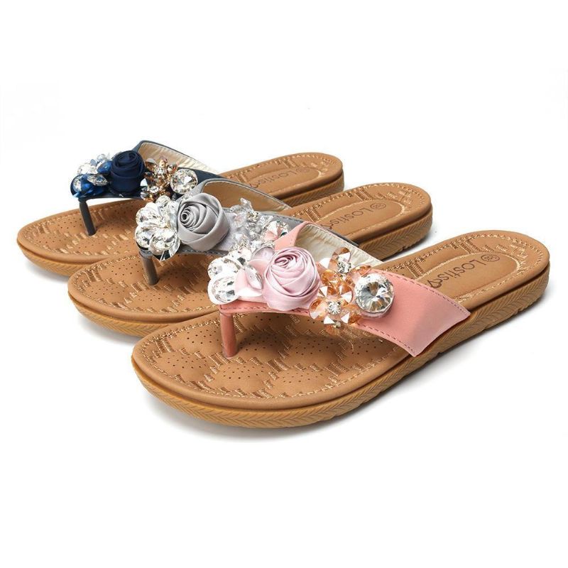 Kvinder Strandblomster Rhinestone Clip Toe Hjemmesko