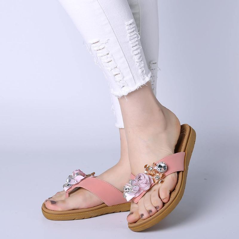 Kvinder Strandblomster Rhinestone Clip Toe Hjemmesko