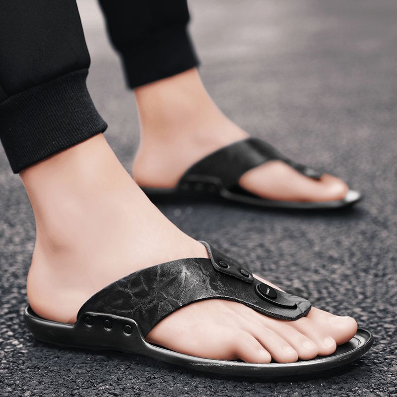 Mænd Læder Åndbar Blød Sål Skridsikre Behagelige Udendørs Flip Flops Casual Hjemmesko