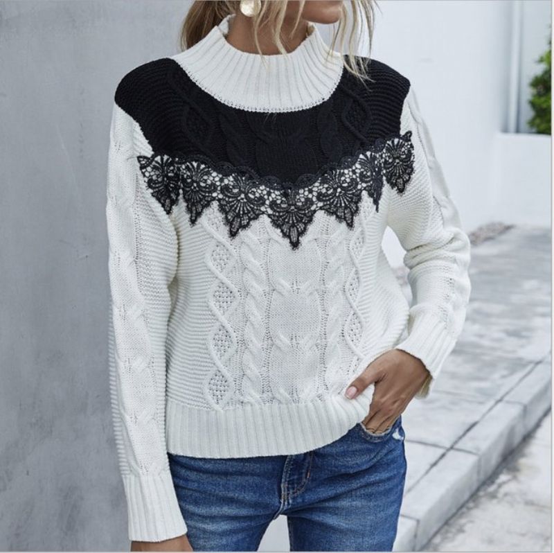 Blondeudsmykket Kontrastfarve Sweater Med Rund Hals