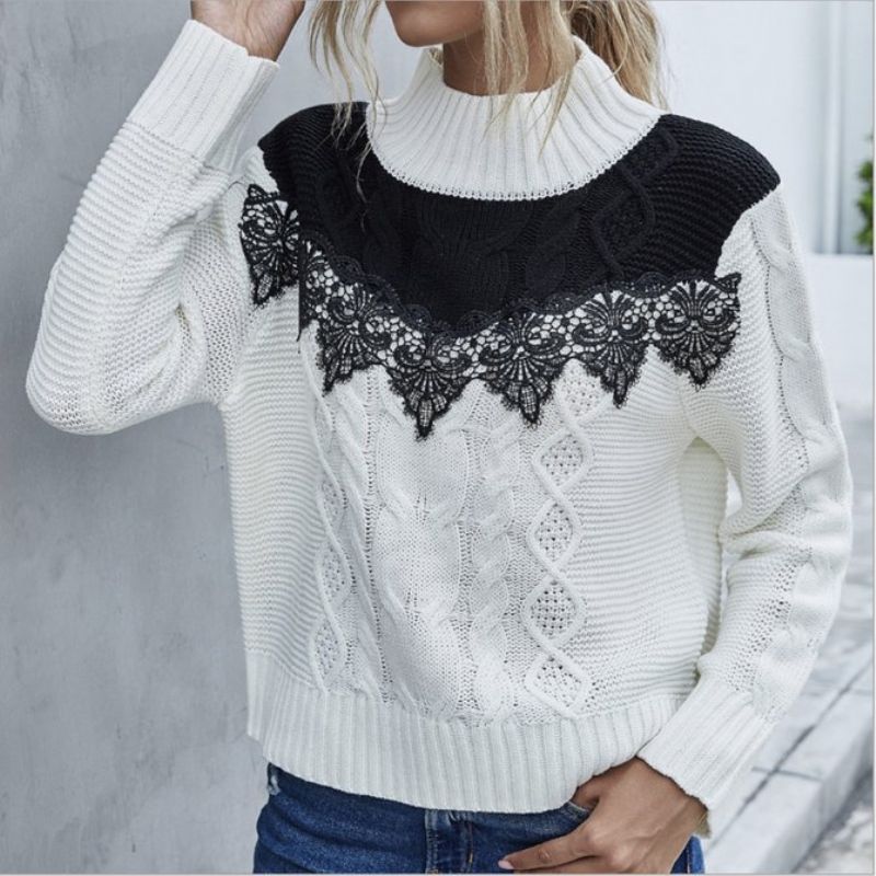 Blondeudsmykket Kontrastfarve Sweater Med Rund Hals