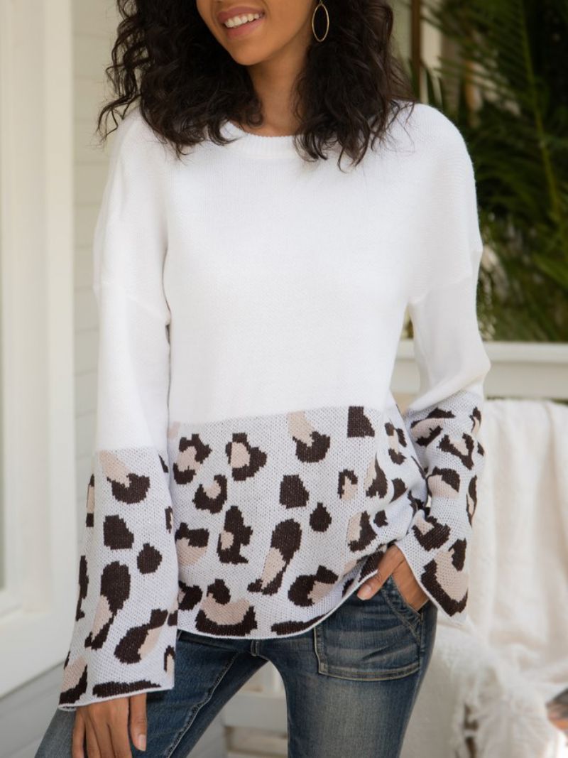 Hvid Leopard Langærmet Sweater