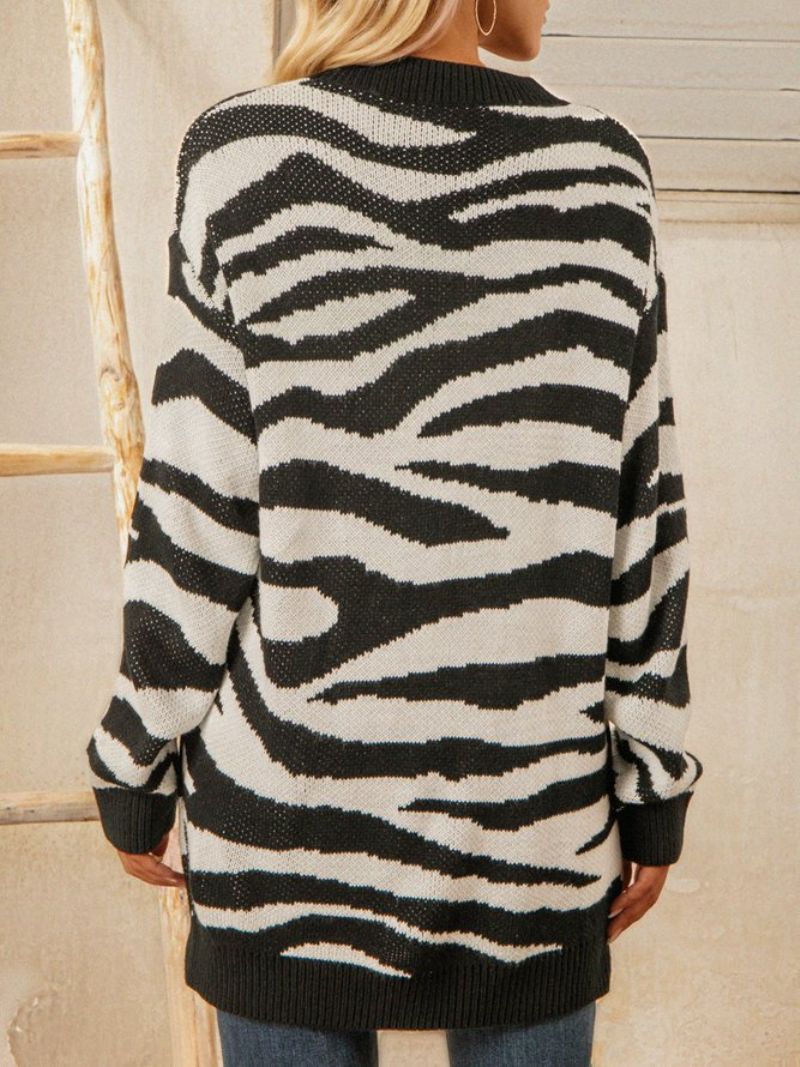 Hvid Zebra Strikket Casual Sweater