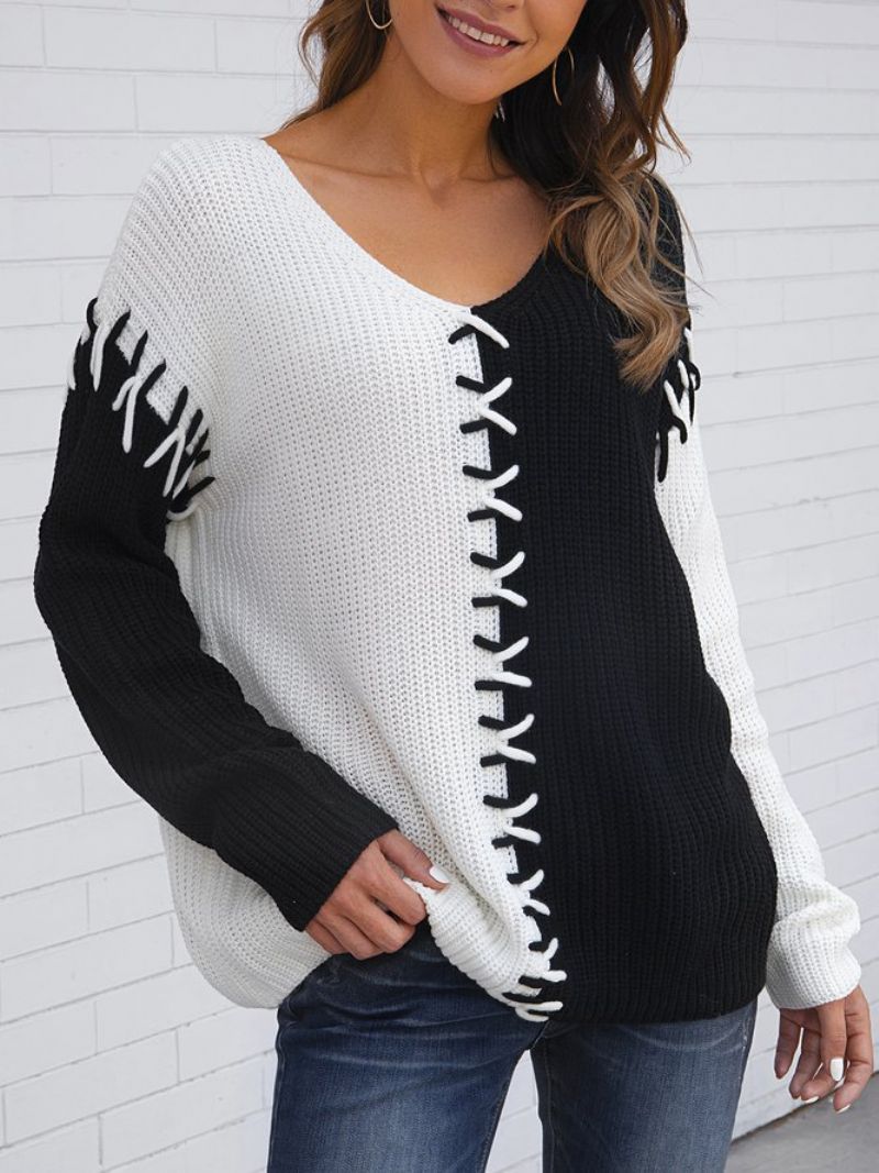 Sort V-Hals Afslappet Farve-Blok Bandage Sweater