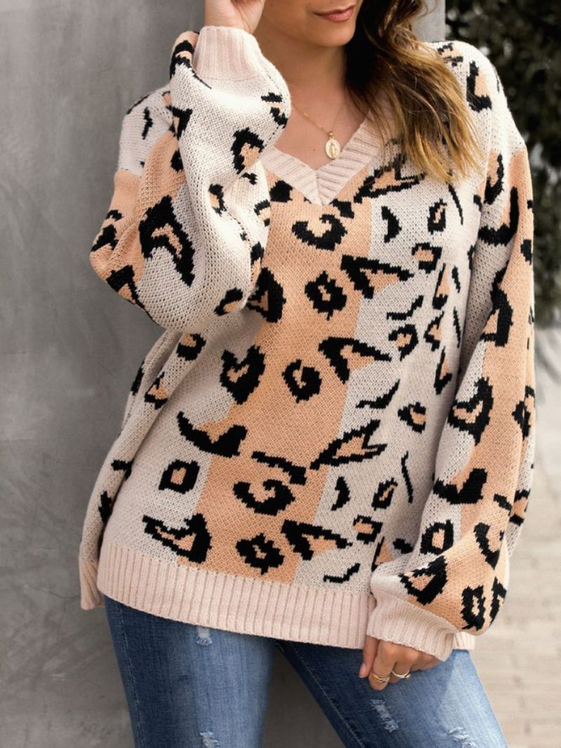 V-Hals Shift Leopard Print Langærmet Sweater