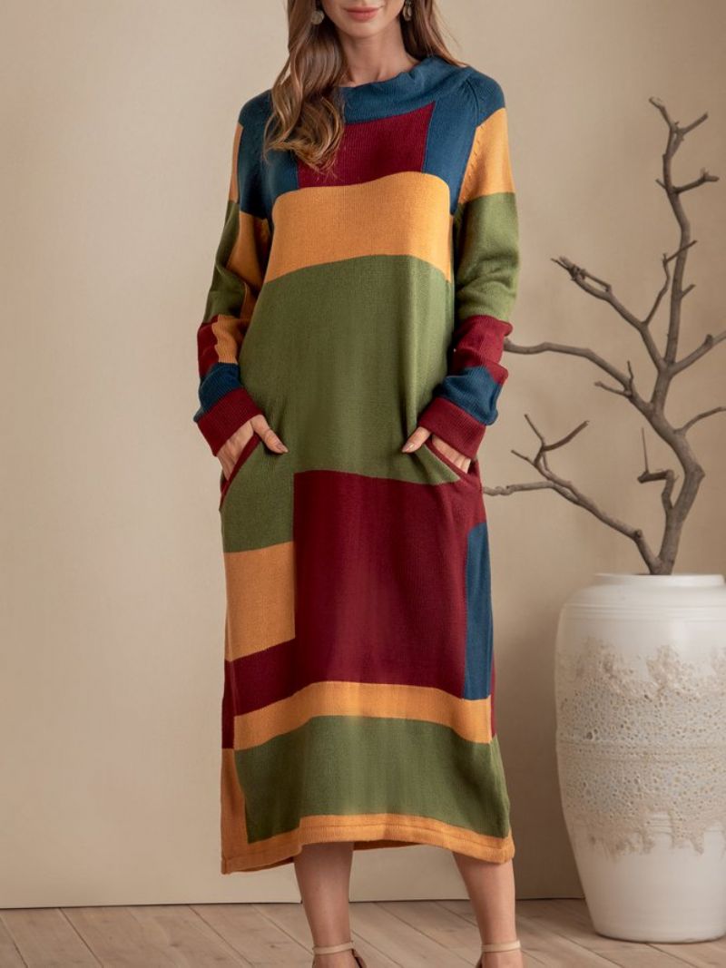 Yellow Shift Solid Pockets Color-Block Sweater Dress