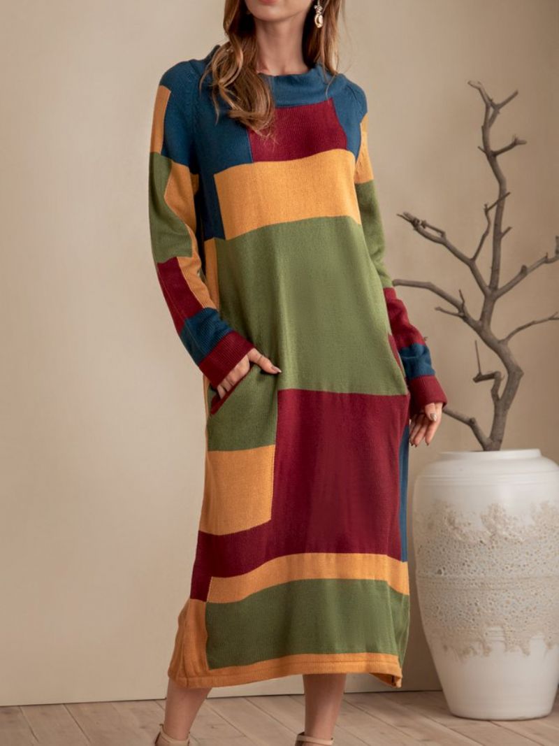 Yellow Shift Solid Pockets Color-Block Sweater Dress