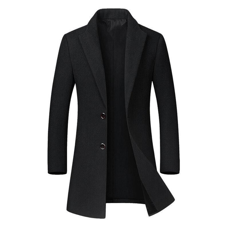 Mænds Business Casual Uld Trench Coat Mellemlang Enkeltradet Slim Fit Coat