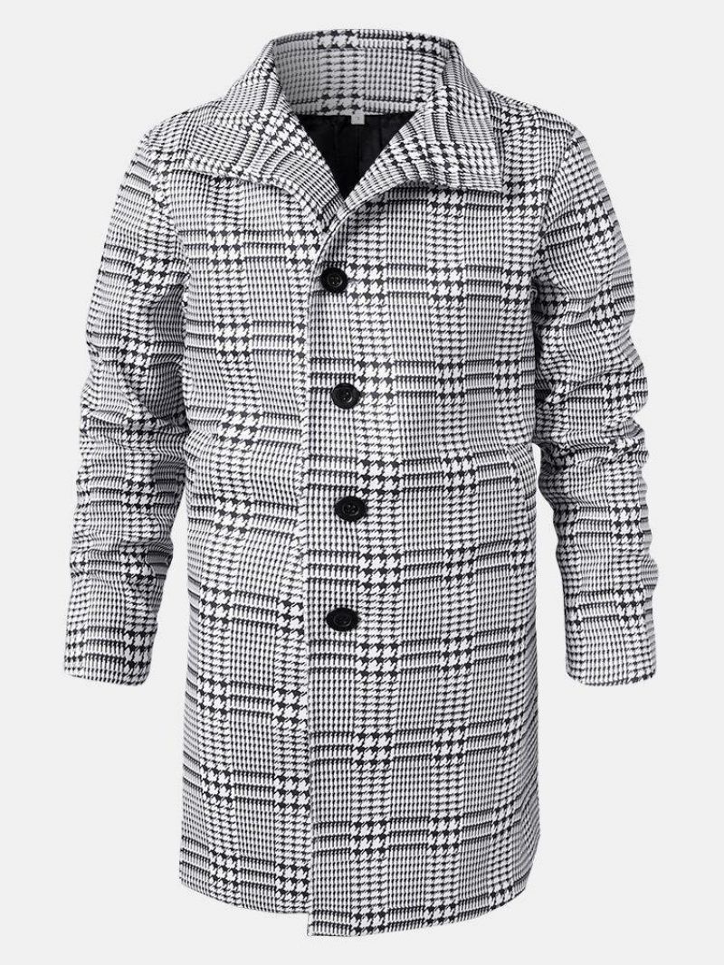 Mænds Houndstooth-Revers Enkeltradede Mellemlange Trenchcoats