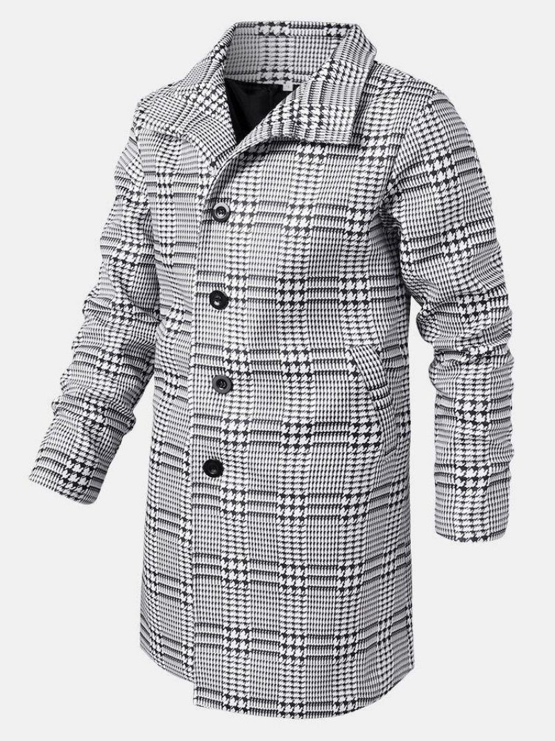 Mænds Houndstooth-Revers Enkeltradede Mellemlange Trenchcoats