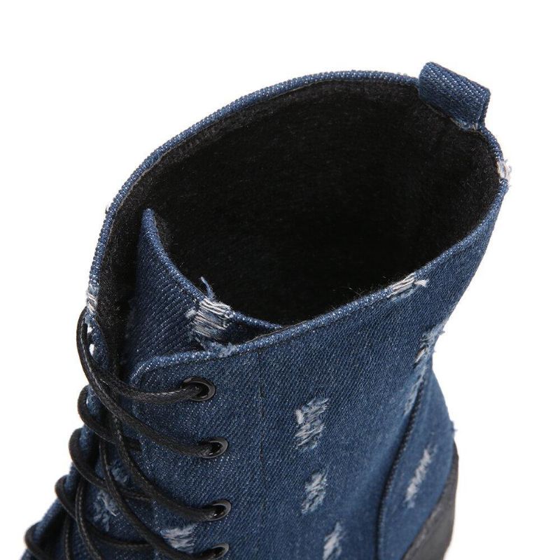 Kvinder Large Size Denim Rund Toe Lace-Up Chunky Heel Tooling Korte Støvler