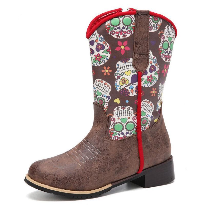 Kvinder Retro Flower Printing Pointed Toe Lynlås Mid-Calf Cowboystøvler