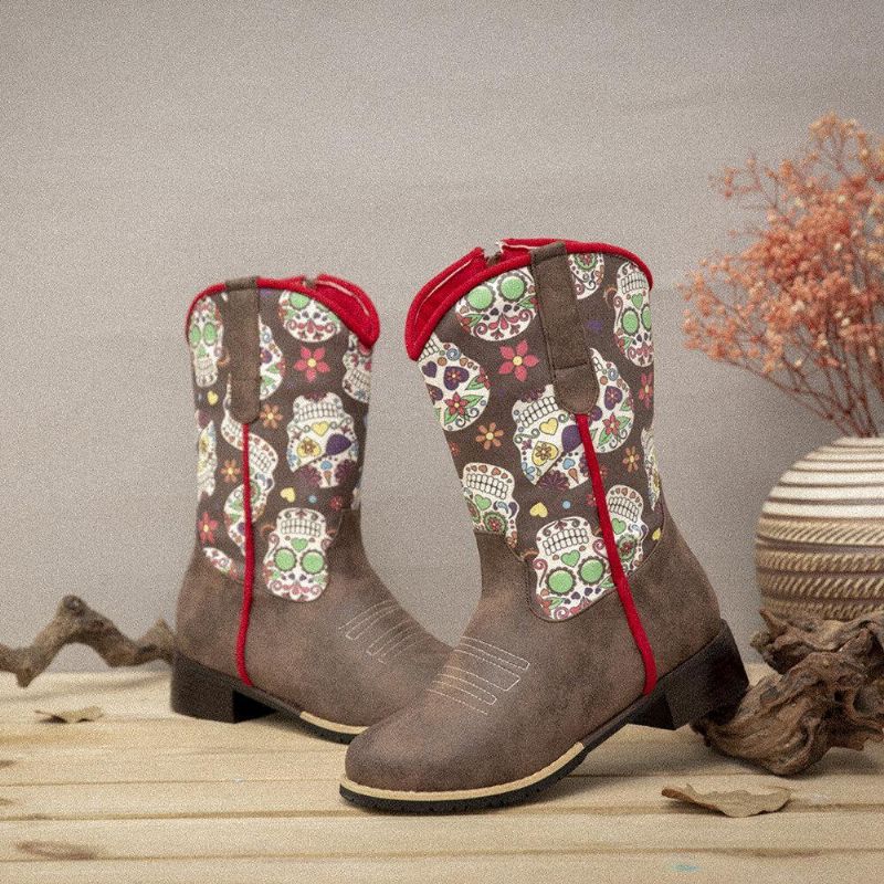 Kvinder Retro Flower Printing Pointed Toe Lynlås Mid-Calf Cowboystøvler