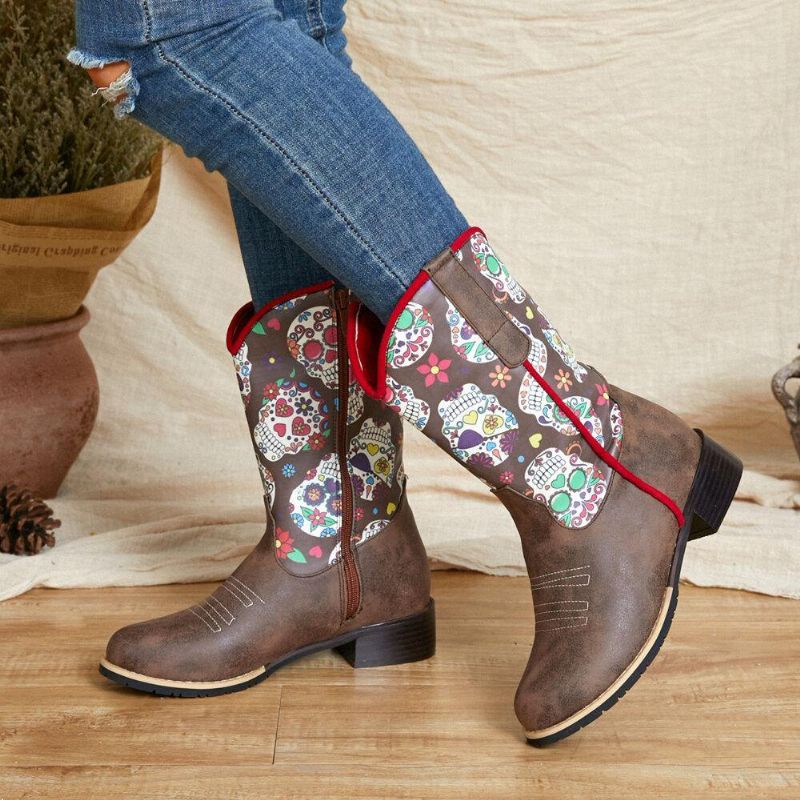 Kvinder Retro Flower Printing Pointed Toe Lynlås Mid-Calf Cowboystøvler