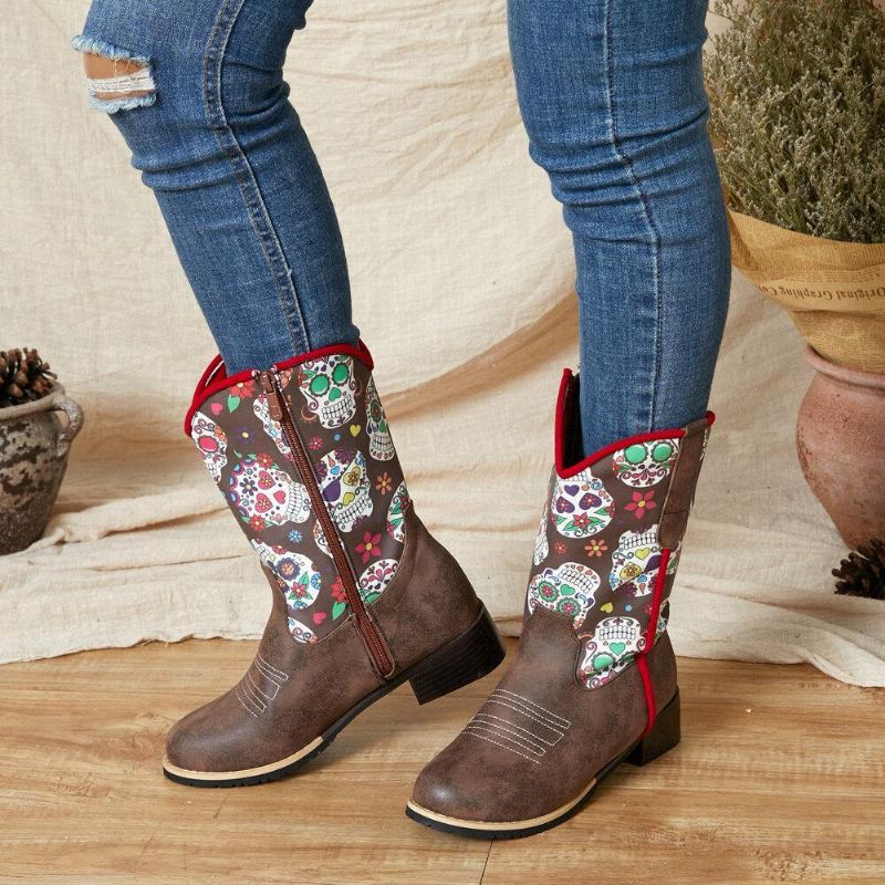 Kvinder Retro Flower Printing Pointed Toe Lynlås Mid-Calf Cowboystøvler