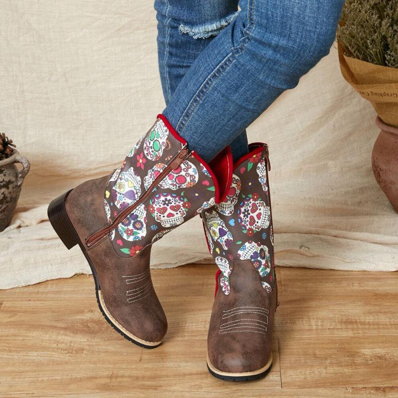 Kvinder Retro Flower Printing Pointed Toe Lynlås Mid-Calf Cowboystøvler