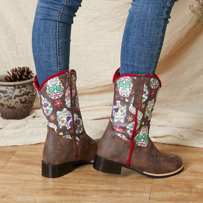 Kvinder Retro Flower Printing Pointed Toe Lynlås Mid-Calf Cowboystøvler