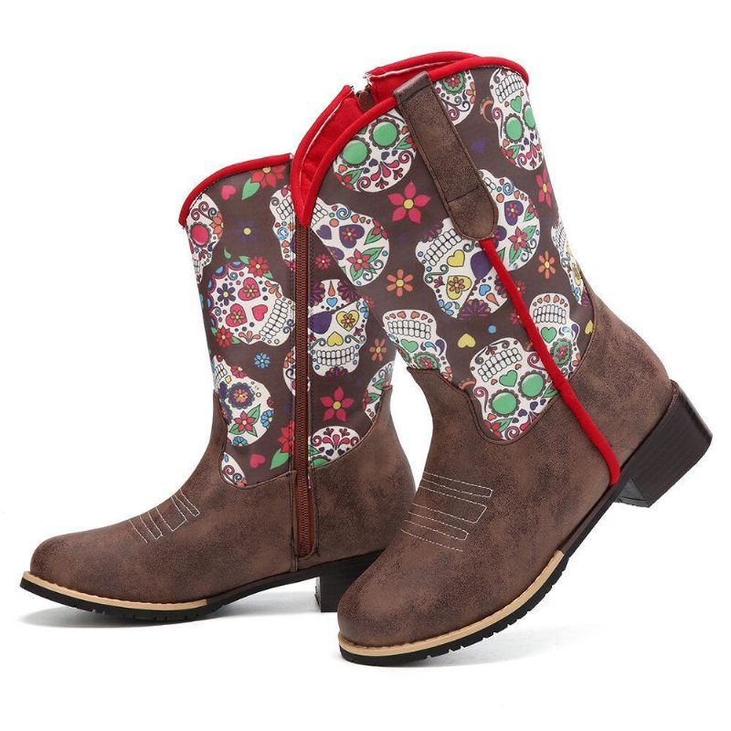 Kvinder Retro Flower Printing Pointed Toe Lynlås Mid-Calf Cowboystøvler