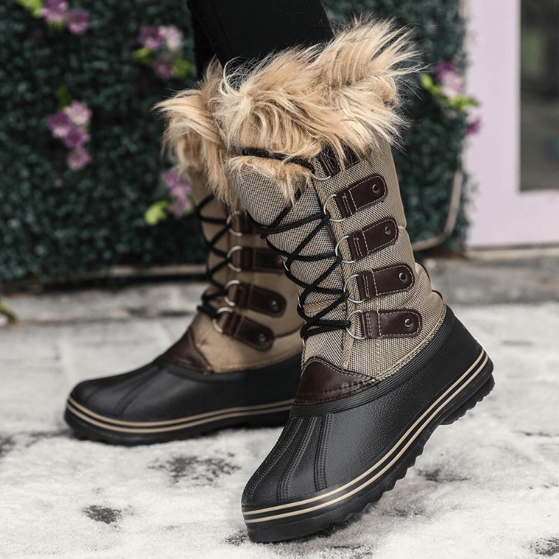 Kvinder Solid Furry Varm Skridsikre Cross Strap Mid Calf Snestøvler