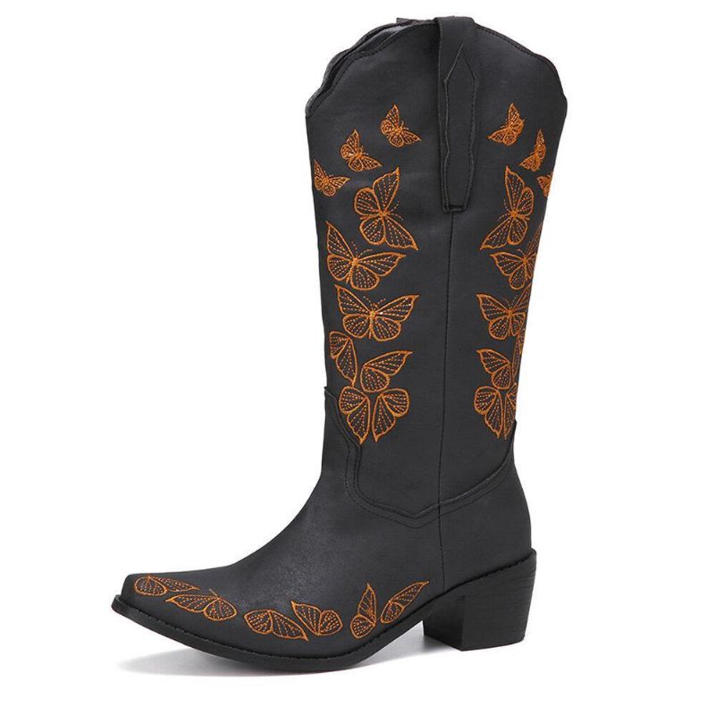 Plus Size Kvinder Retro Butterfly Broderet Mid Calf Cowboystøvler