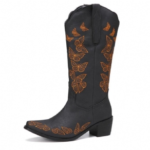 Plus Size Kvinder Retro Butterfly Broderet Mid Calf Cowboystøvler