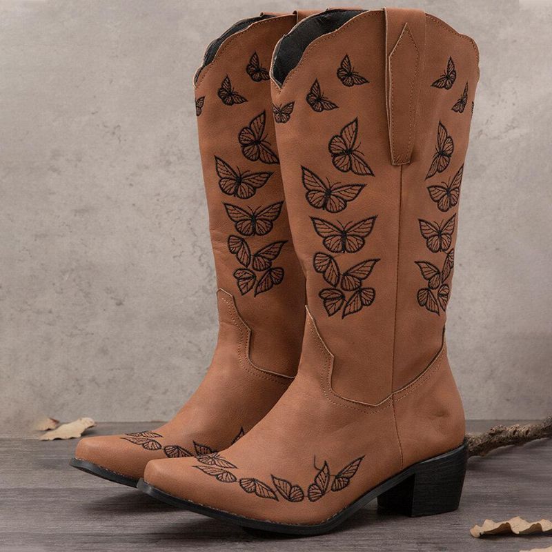 Plus Size Kvinder Retro Butterfly Broderet Mid Calf Cowboystøvler