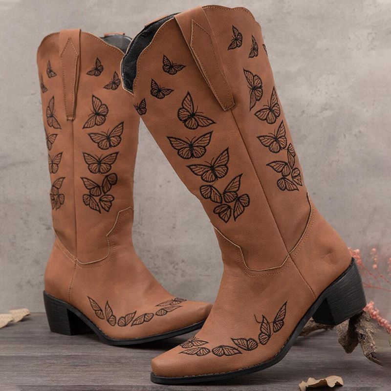 Plus Size Kvinder Retro Butterfly Broderet Mid Calf Cowboystøvler