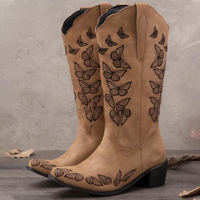 Plus Size Kvinder Retro Butterfly Broderet Mid Calf Cowboystøvler