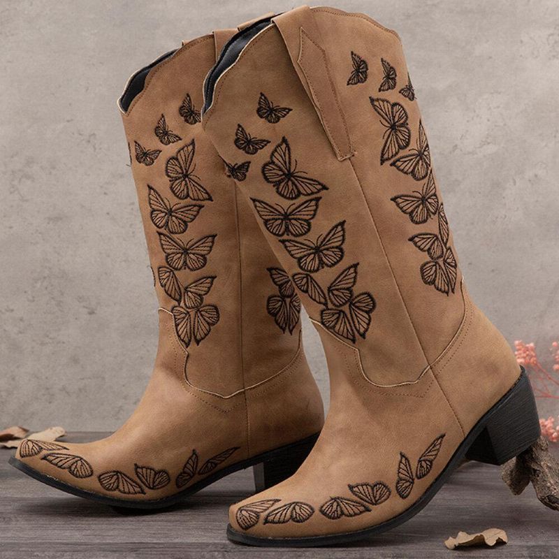 Plus Size Kvinder Retro Butterfly Broderet Mid Calf Cowboystøvler