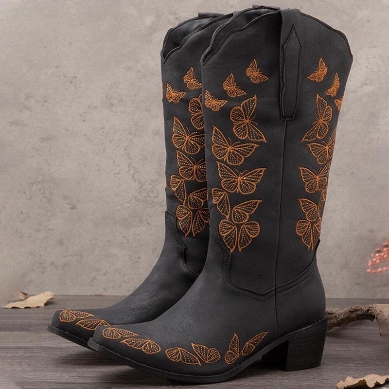 Plus Size Kvinder Retro Butterfly Broderet Mid Calf Cowboystøvler