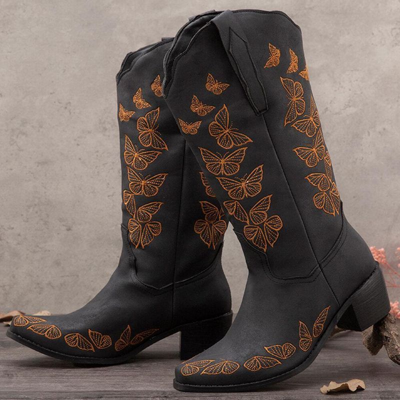 Plus Size Kvinder Retro Butterfly Broderet Mid Calf Cowboystøvler