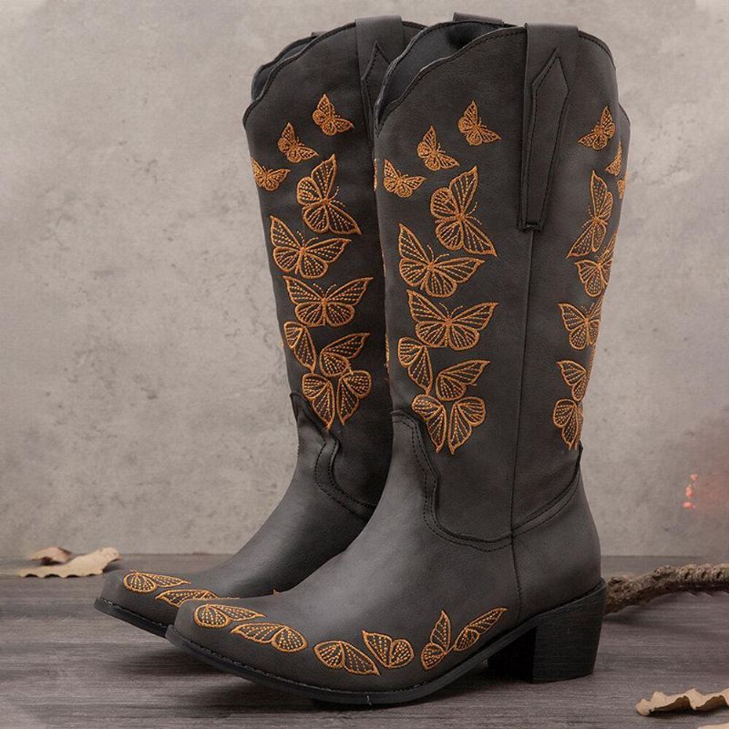 Plus Size Kvinder Retro Butterfly Broderet Mid Calf Cowboystøvler