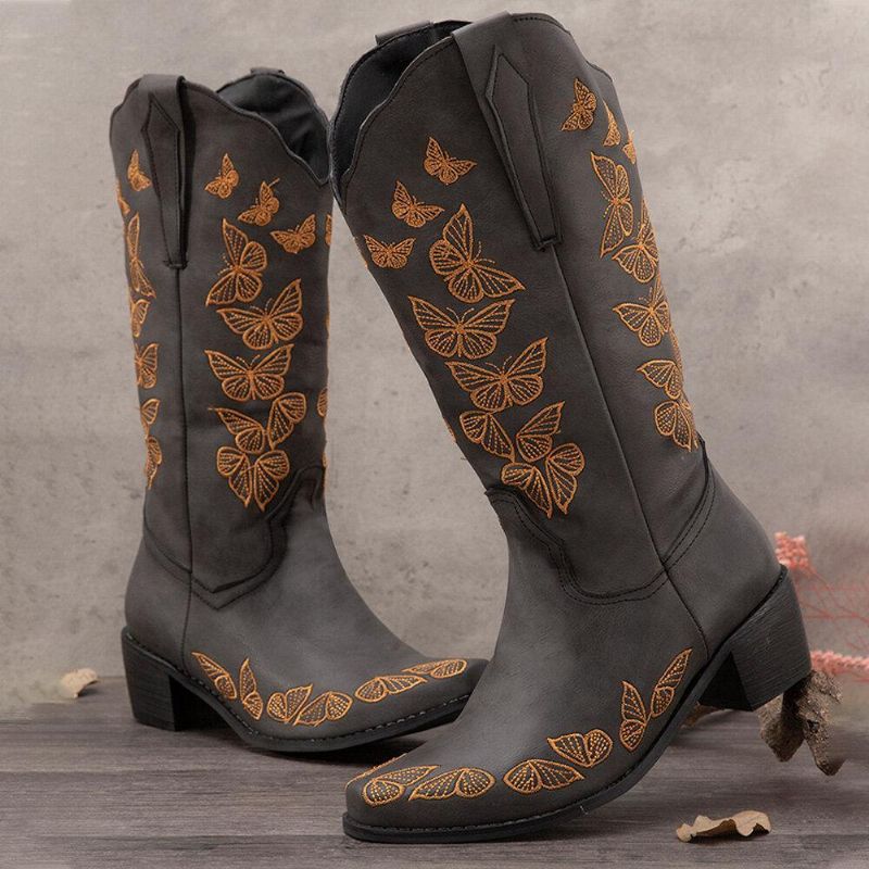 Plus Size Kvinder Retro Butterfly Broderet Mid Calf Cowboystøvler