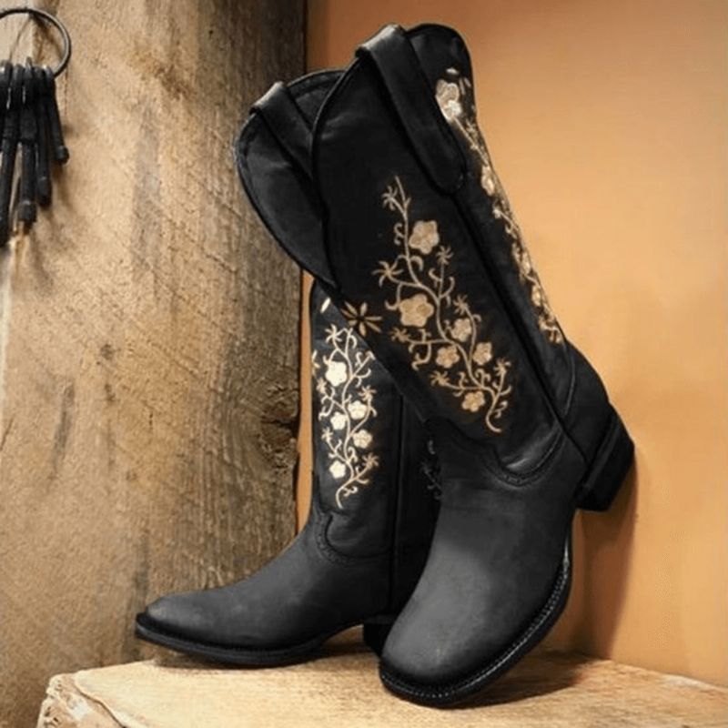 Retro Flowers Square Toe Slip On Mid-Calf Block Heel Cowboystøvler Til Kvinder