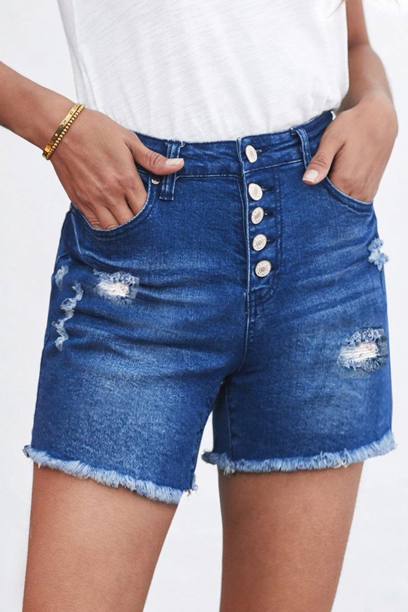 Denimshorts Med Knapper Og Flossede