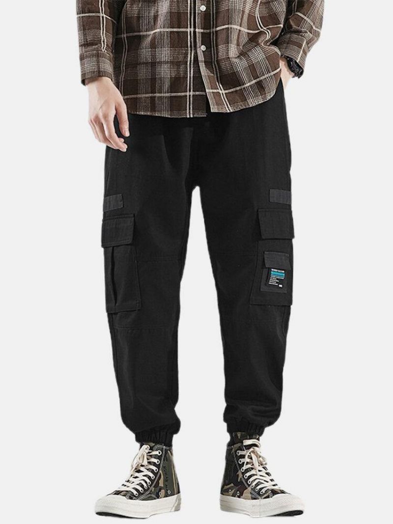 Mænds Multi Pocket Applique Elastisk Ankel Snøre Cargo Jogger Bukser