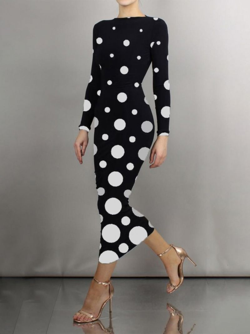 Stram Elegant Polka Dots Langærmet Maxikjole