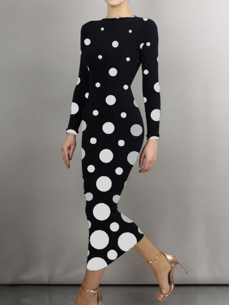 Stram Elegant Polka Dots Langærmet Maxikjole