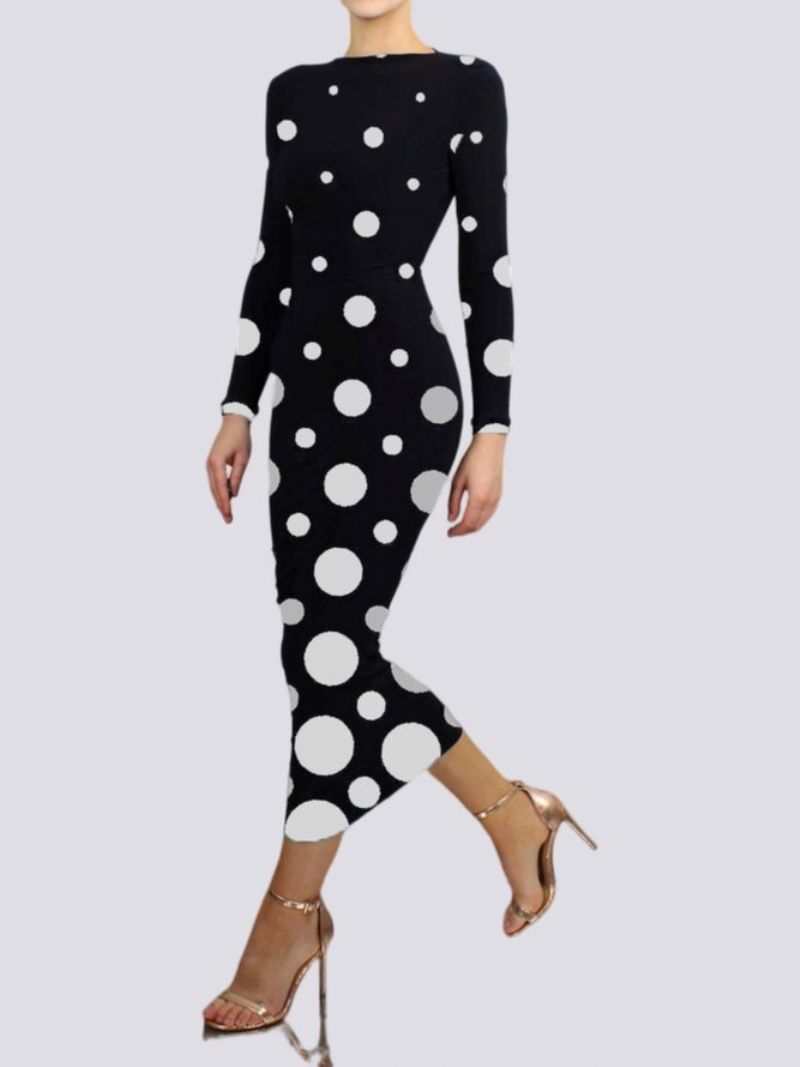 Stram Elegant Polka Dots Langærmet Maxikjole